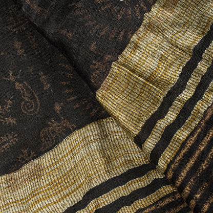 Sanskriti Vintage Dupatta/Stole Black Art Silk Warli Art Hand Block Printed Veil