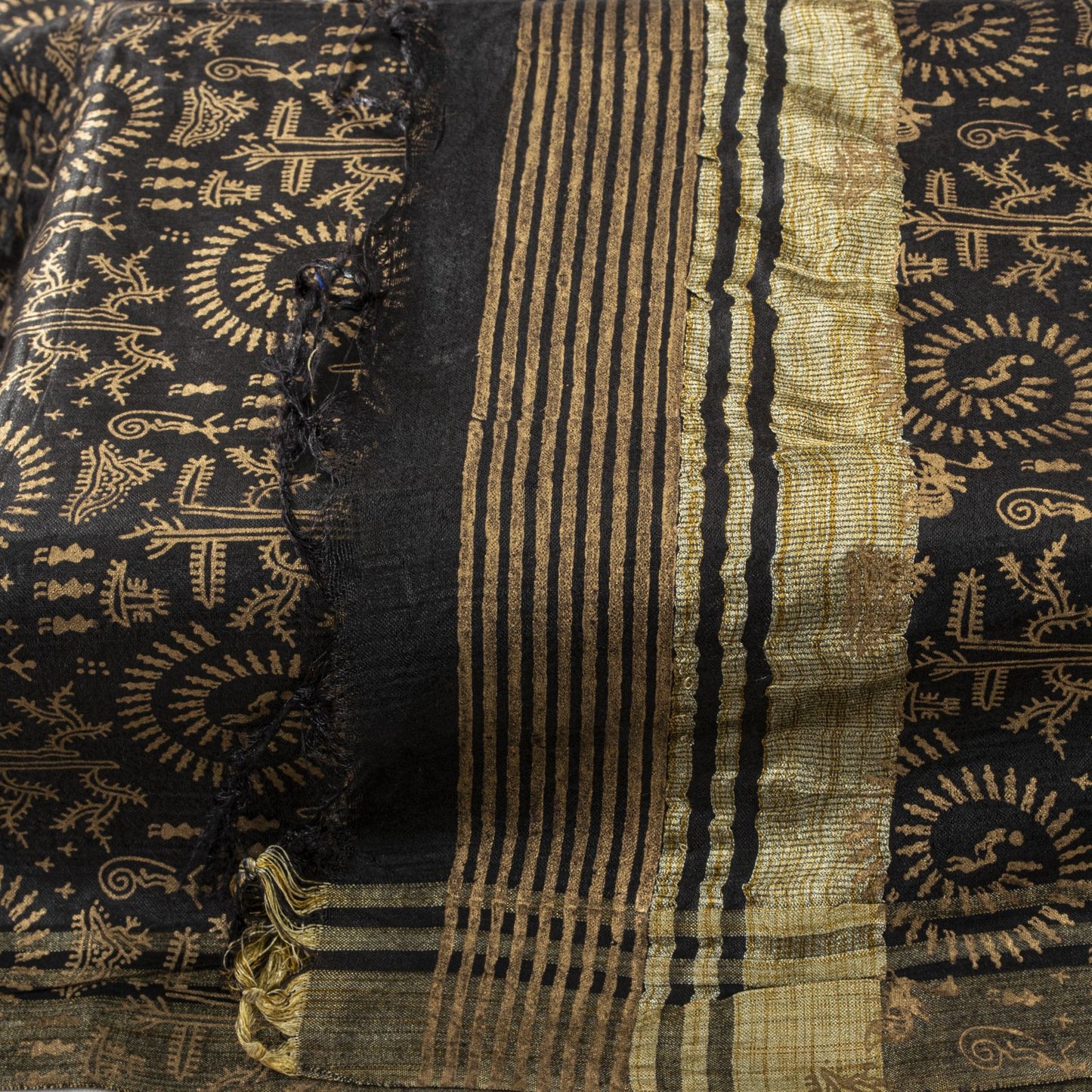 Sanskriti Vintage Dupatta/Stole Black Art Silk Warli Art Hand Block Printed Veil