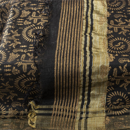 Sanskriti Vintage Dupatta/Stole Black Art Silk Warli Art Hand Block Printed Veil
