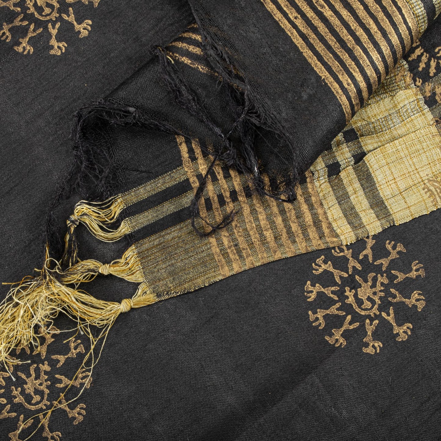 Sanskriti Vintage Dupatta/Stole Black Art Silk Warli Art Hand Block Printed Veil