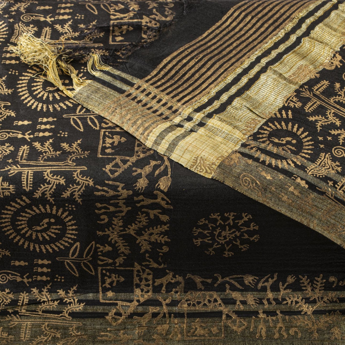 Sanskriti Vintage Dupatta/Stole Black Art Silk Warli Art Hand Block Printed Veil