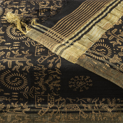 Sanskriti Vintage Dupatta/Stole Black Art Silk Warli Art Hand Block Printed Veil