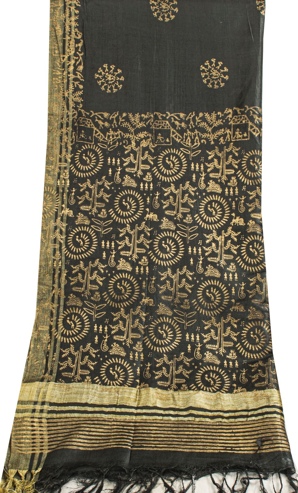 Sanskriti Vintage Dupatta/Stole Black Art Silk Warli Art Hand Block Printed Veil