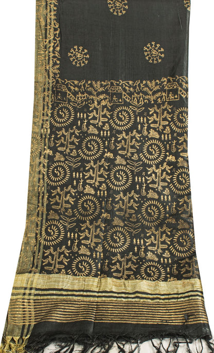 Sanskriti Vintage Dupatta/Stole Black Art Silk Warli Art Hand Block Printed Veil