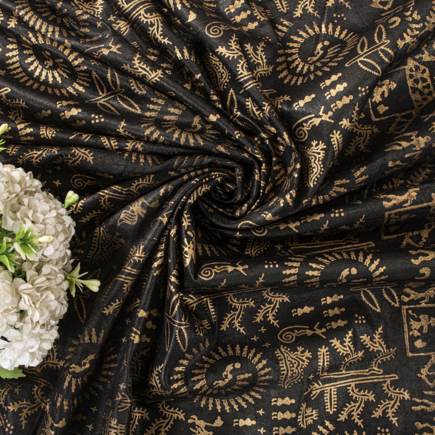 Sanskriti Vintage Dupatta/Stole Black Art Silk Warli Art Hand Block Printed Veil