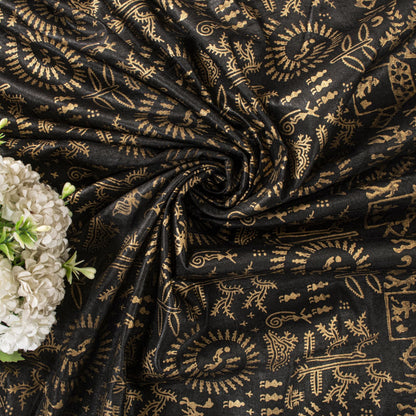 Sanskriti Vintage Dupatta/Stole Black Art Silk Warli Art Hand Block Printed Veil