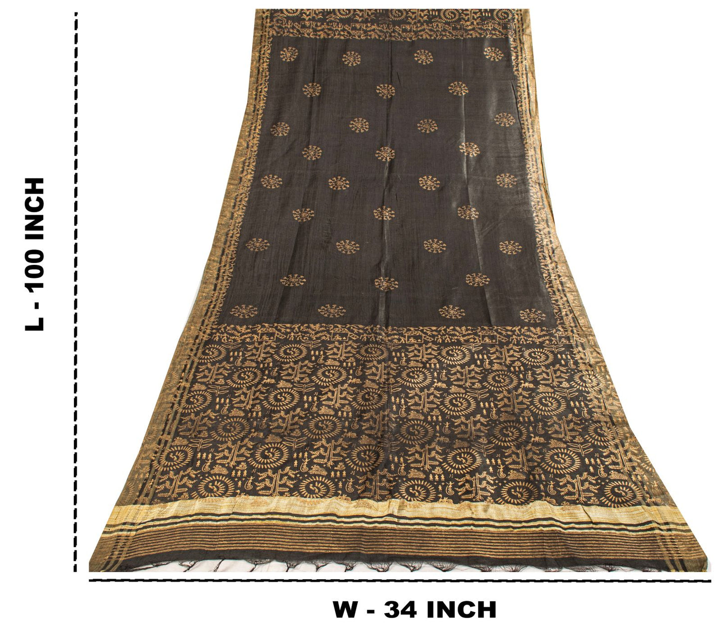 Sanskriti Vintage Dupatta/Stole Black Art Silk Warli Art Hand Block Printed Veil