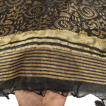 Sanskriti Vintage Dupatta/Stole Black Art Silk Warli Art Hand Block Printed Veil
