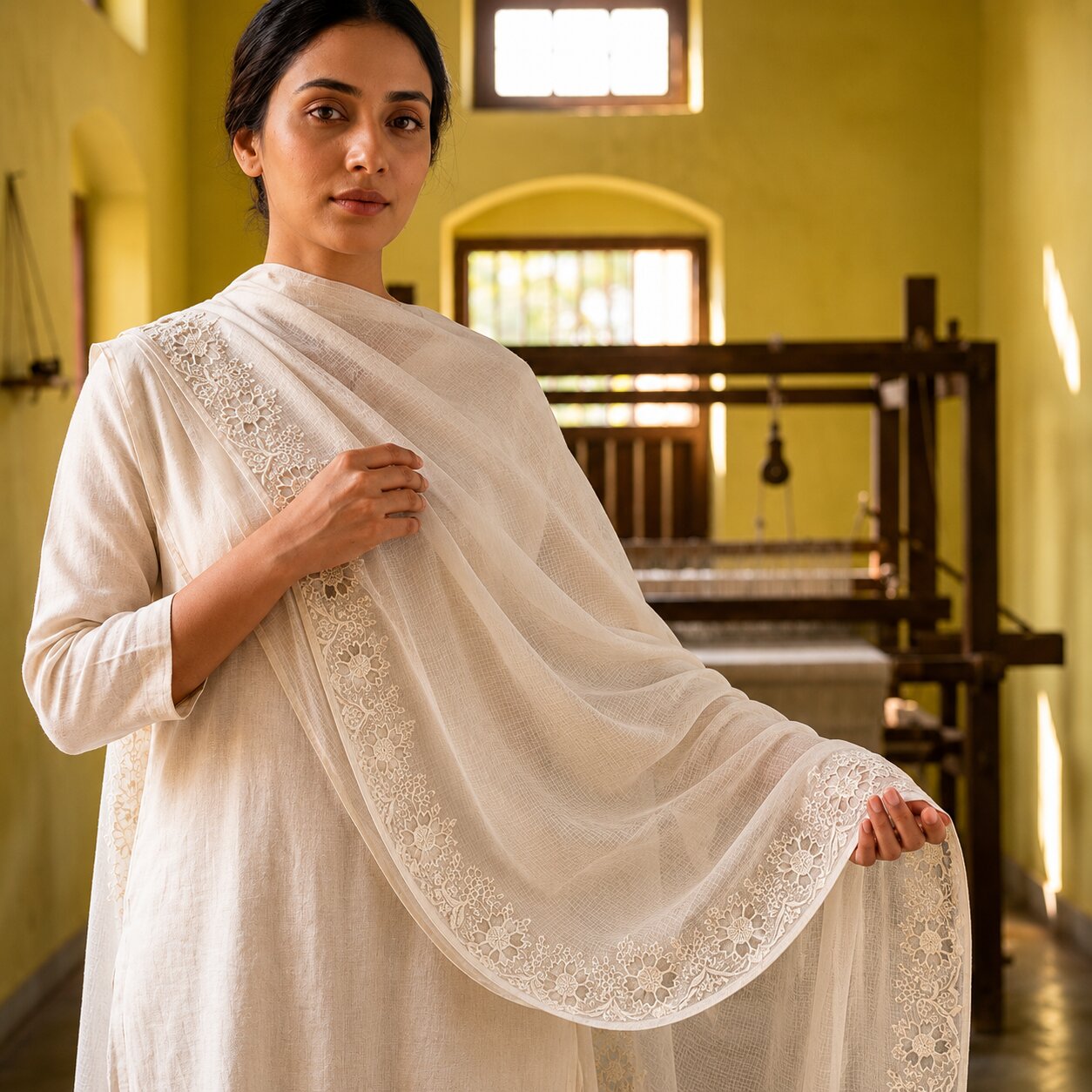 Sanskriti Vintage Dupatta/Stole White Blend Cotton Kota Woven-Embroidered Veil