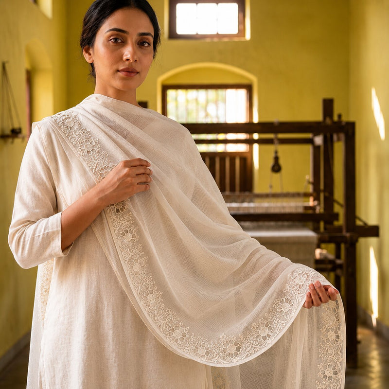 Sanskriti Vintage Dupatta/Stole White Blend Cotton Kota Woven-Embroidered Veil