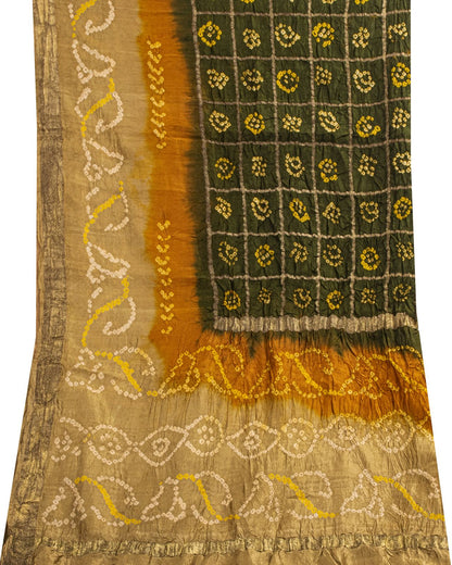 Sanskriti Vintage Dupatta/Stole Green Pure Silk Bandhani Gharchola-Zari Woven