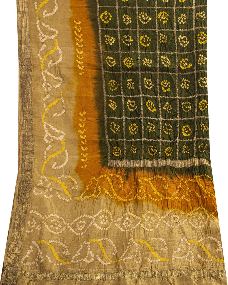 Sanskriti Vintage Dupatta/Stole Green Pure Silk Bandhani Gharchola-Zari Woven