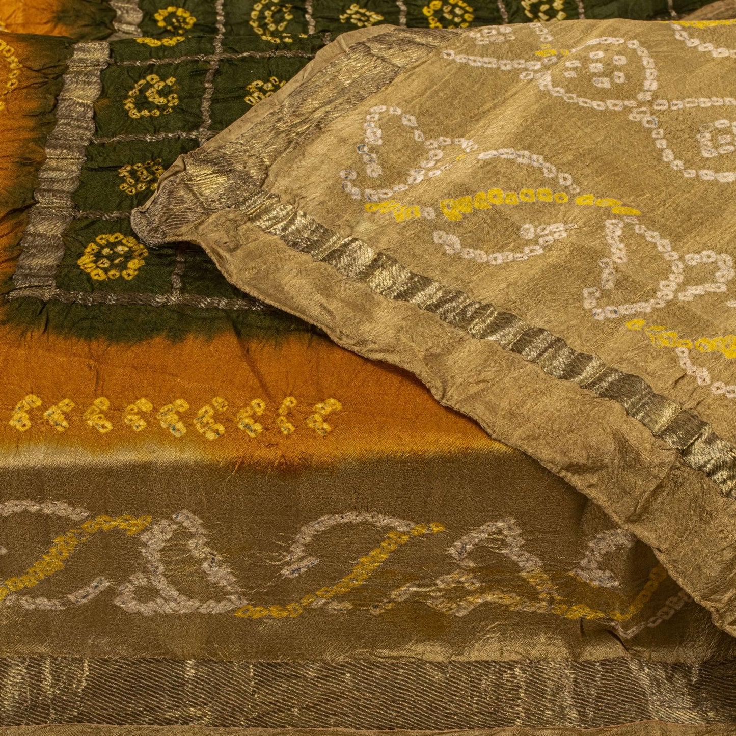 Sanskriti Vintage Dupatta/Stole Green Pure Silk Bandhani Gharchola-Zari Woven