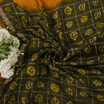 Sanskriti Vintage Dupatta/Stole Green Pure Silk Bandhani Gharchola-Zari Woven