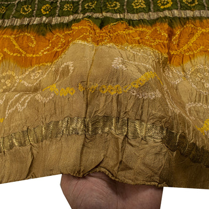 Sanskriti Vintage Dupatta/Stole Green Pure Silk Bandhani Gharchola-Zari Woven