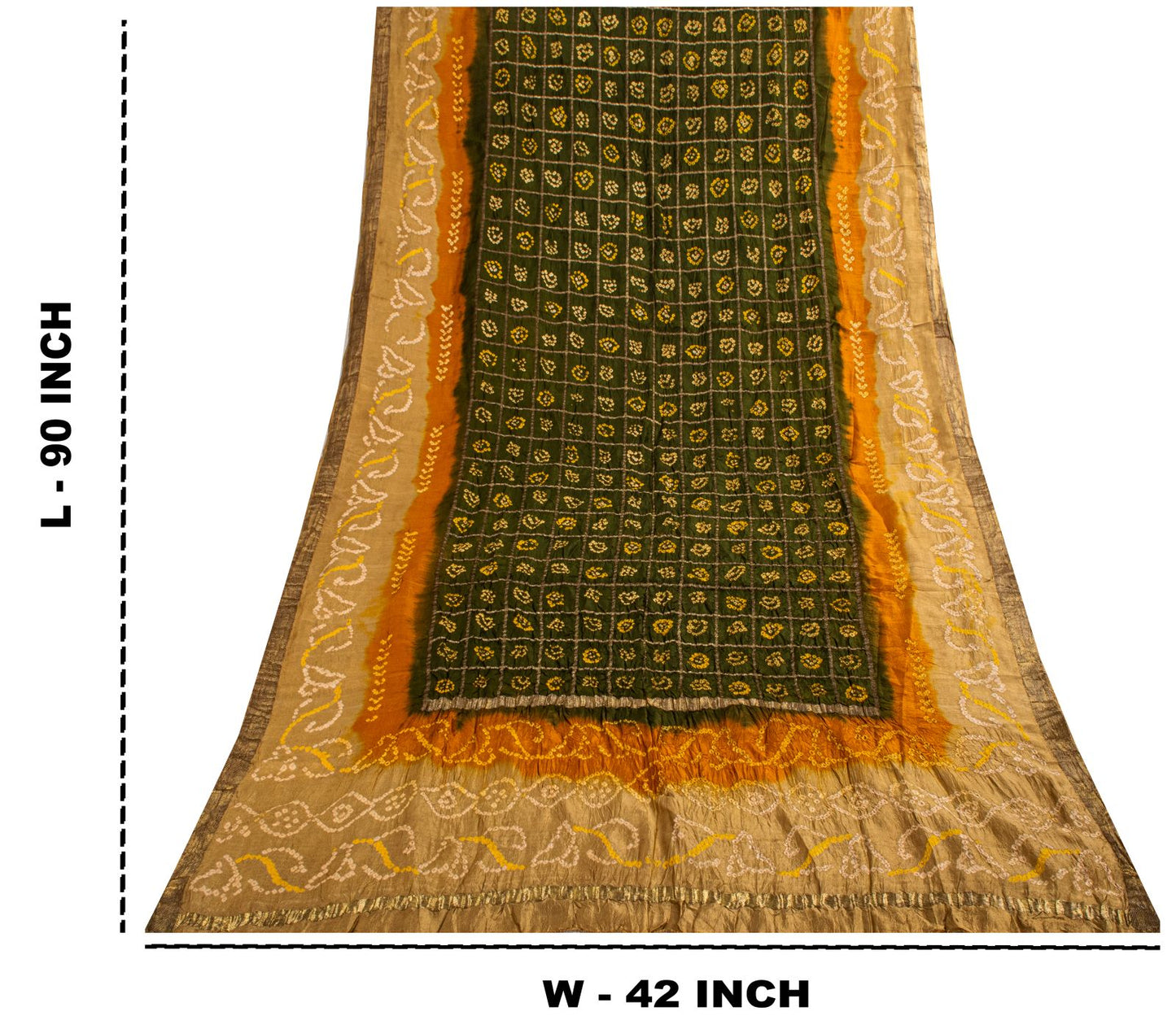 Sanskriti Vintage Dupatta/Stole Green Pure Silk Bandhani Gharchola-Zari Woven