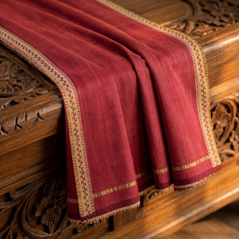 Sanskriti Vintage Dupatta/Stole Red Cotton Silk Maheshwari Zari Border-PrintVeil