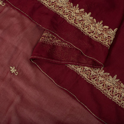 Sanskriti Vintage Dupatta/Stole Maroon Georgette Hand Embroidered Zardozi Veil
