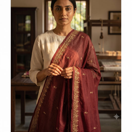 Sanskriti Vintage Dupatta/Stole Maroon Georgette Hand Embroidered Zardozi Veil