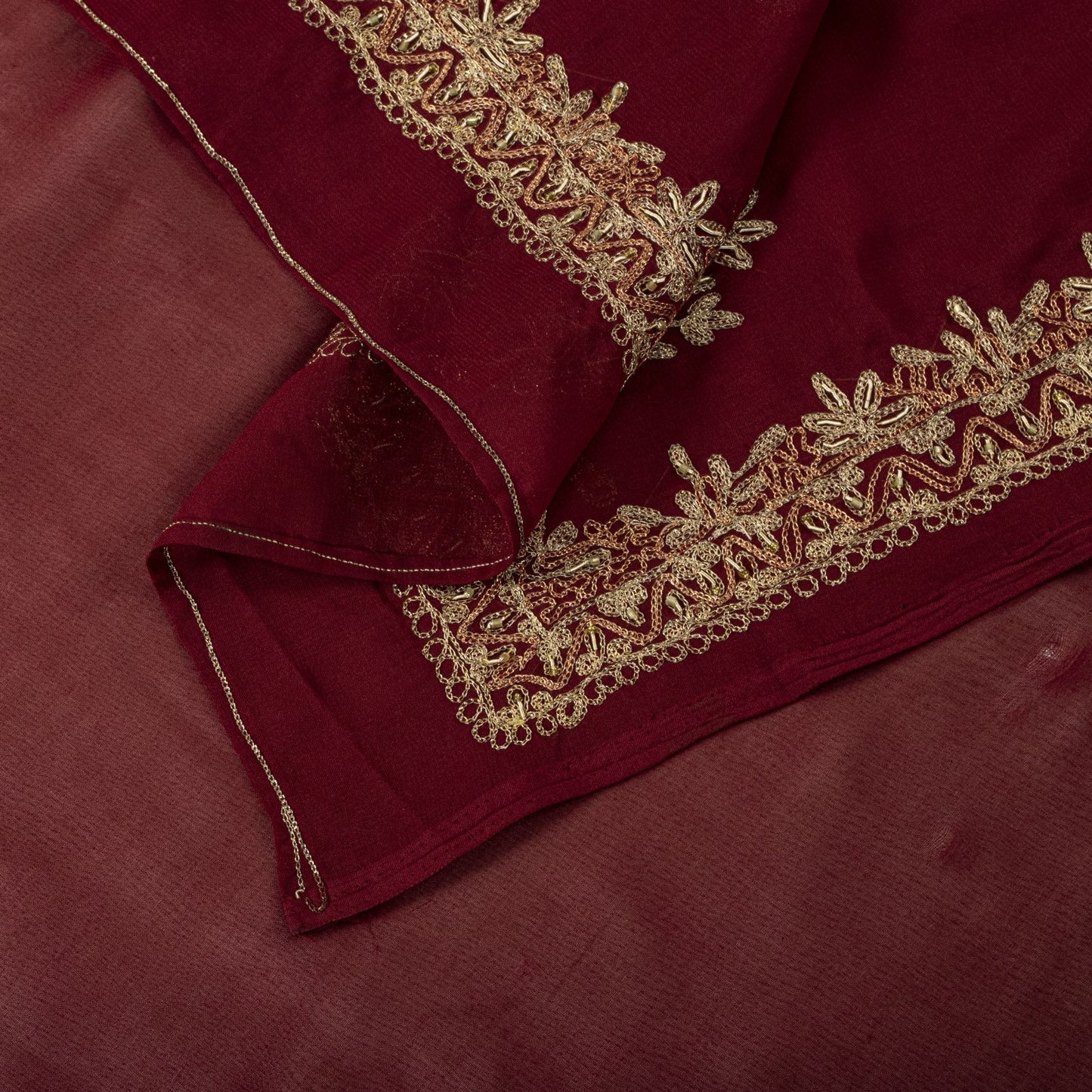 Sanskriti Vintage Dupatta/Stole Maroon Georgette Hand Embroidered Zardozi Veil