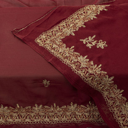 Sanskriti Vintage Dupatta/Stole Maroon Georgette Hand Embroidered Zardozi Veil