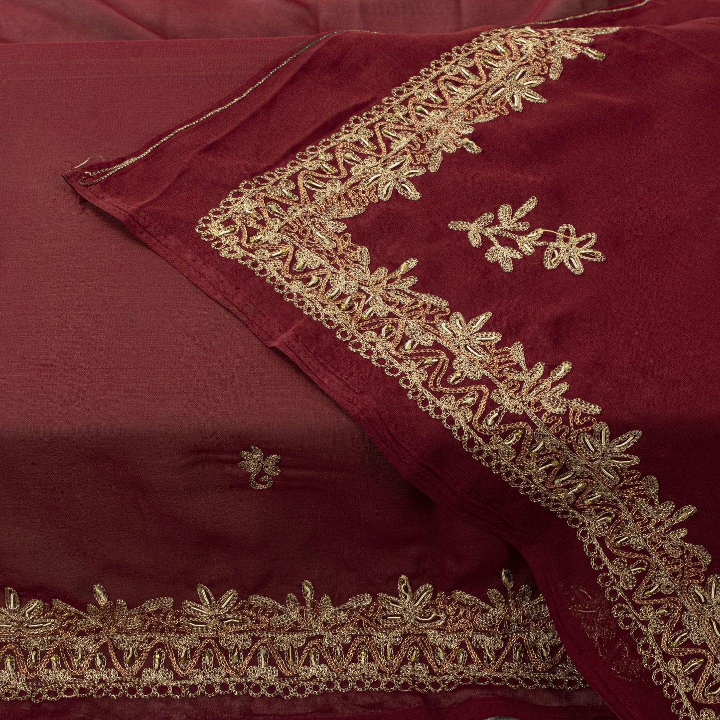 Sanskriti Vintage Dupatta/Stole Maroon Georgette Hand Embroidered Zardozi Veil