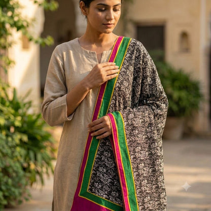 Sanskriti Vintage Dupatta/Stole Black Pure Georgette Printed-Fabric Patch Veil