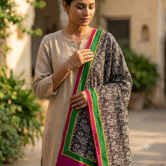 Sanskriti Vintage Dupatta/Stole Black Pure Georgette Printed-Fabric Patch Veil