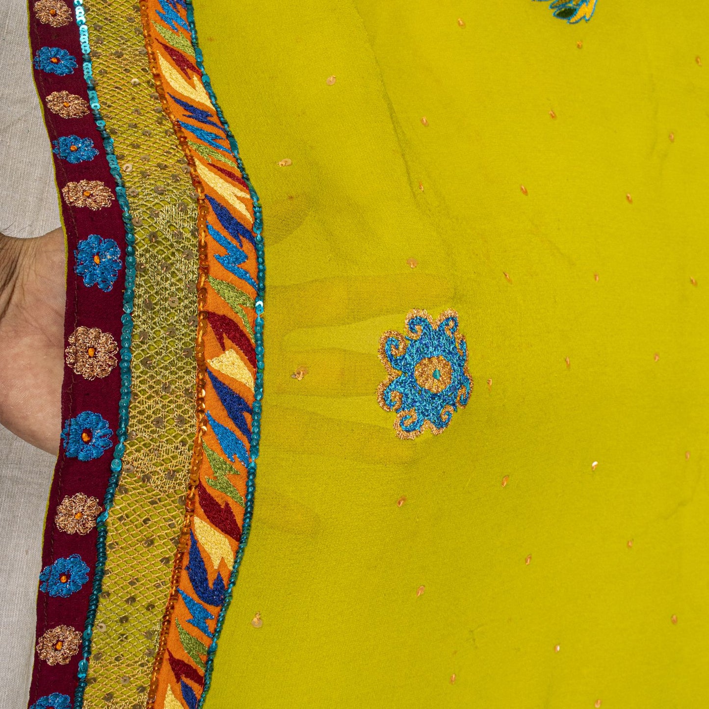 Sanskriti Vintage Dupatta/Stole Green Pure Georgette Hand Embroidered IndianVeil