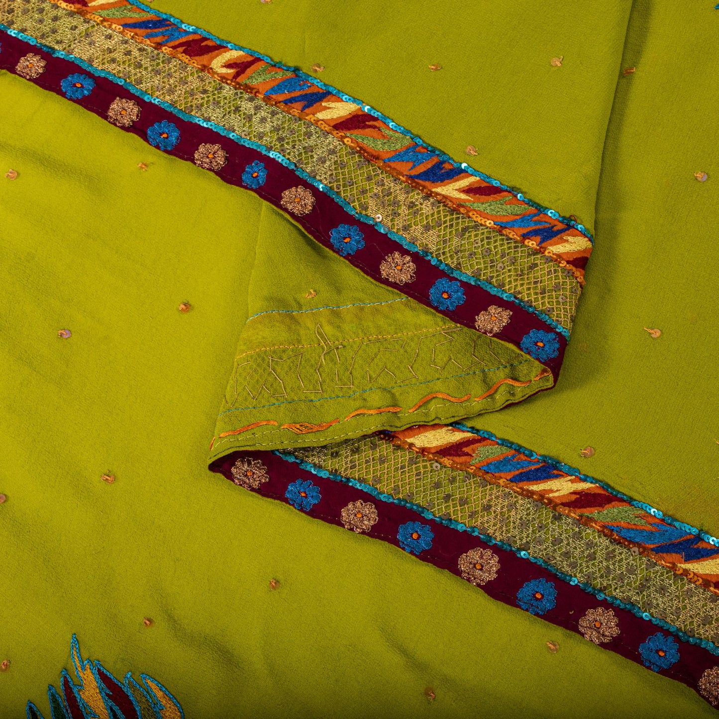 Sanskriti Vintage Dupatta/Stole Green Pure Georgette Hand Embroidered IndianVeil