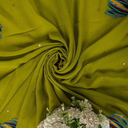 Sanskriti Vintage Dupatta/Stole Green Pure Georgette Hand Embroidered IndianVeil