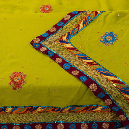 Sanskriti Vintage Dupatta/Stole Green Pure Georgette Hand Embroidered IndianVeil