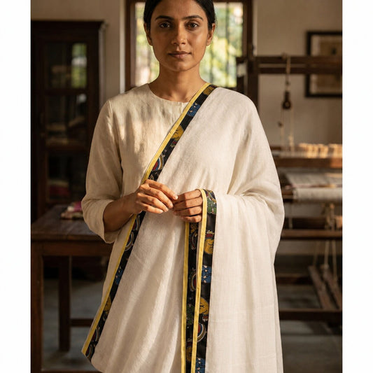 Sanskriti Vintage Dupatta/Stole White Cotton Silk Kota Hand Woven-Patch Veil
