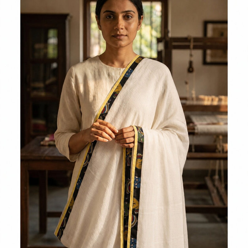 Sanskriti Vintage Dupatta/Stole White Cotton Silk Kota Hand Woven-Patch Veil
