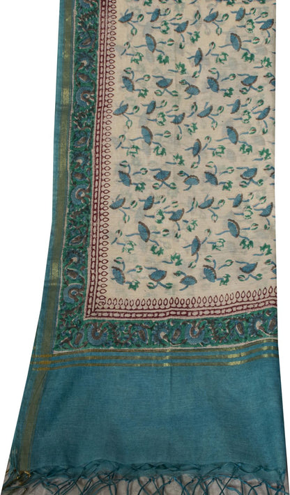 Sanskriti Vintage Chanderi Dupatta/Stole White Blend Cotton Sanganeri Hand Block