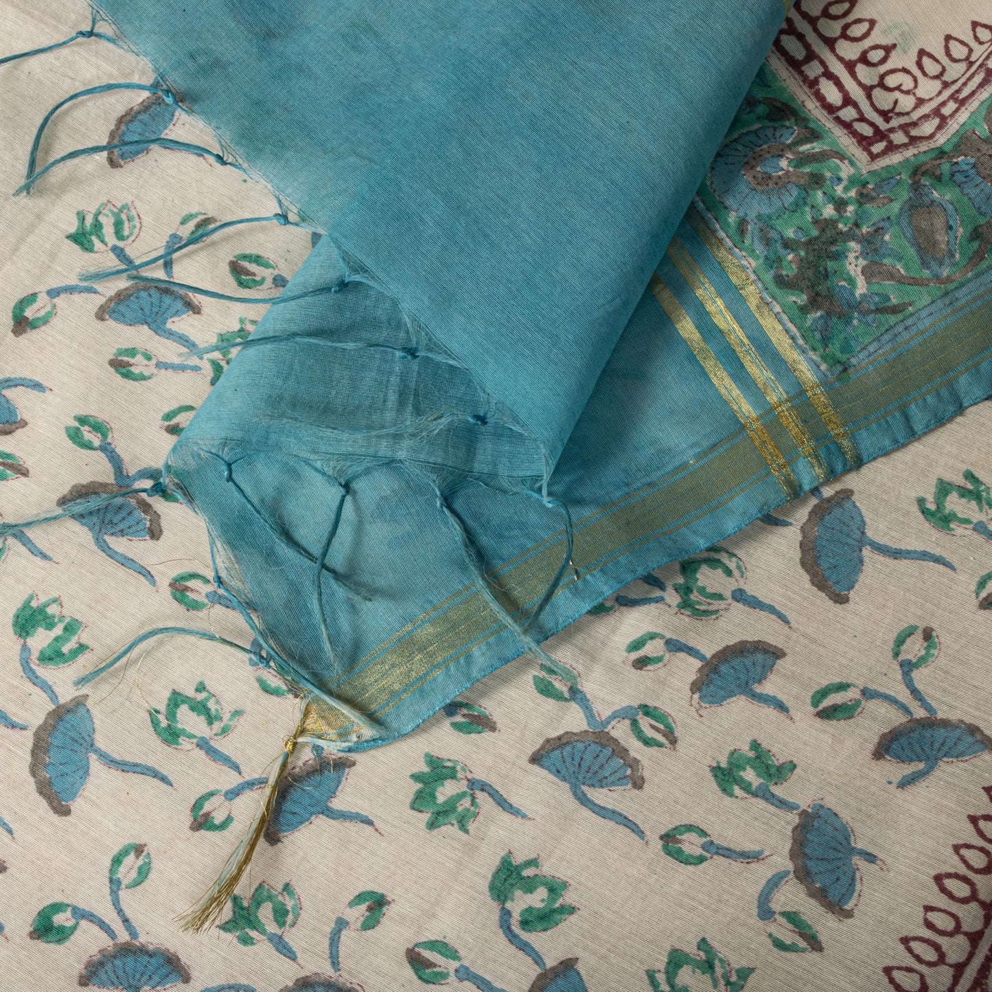 Sanskriti Vintage Chanderi Dupatta/Stole White Blend Cotton Sanganeri Hand Block