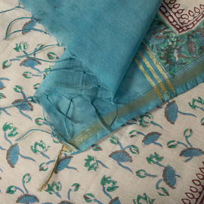 Sanskriti Vintage Chanderi Dupatta/Stole White Blend Cotton Sanganeri Hand Block