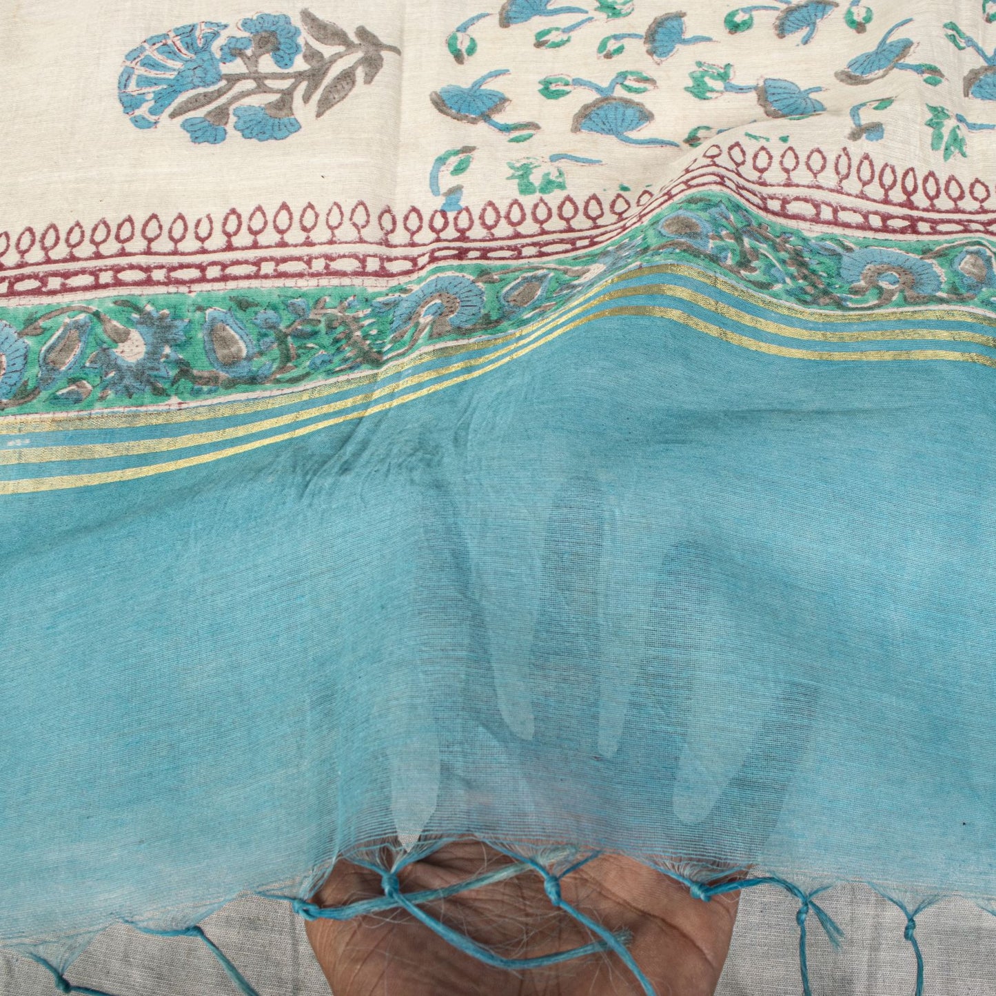 Sanskriti Vintage Chanderi Dupatta/Stole White Blend Cotton Sanganeri Hand Block