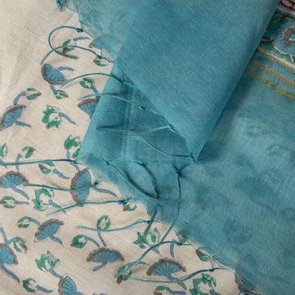 Sanskriti Vintage Chanderi Dupatta/Stole White Blend Cotton Sanganeri Hand Block
