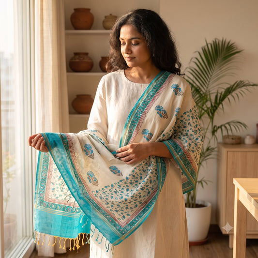 Sanskriti Vintage Chanderi Dupatta/Stole White Blend Cotton Sanganeri Hand Block