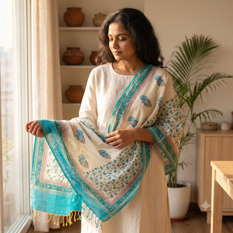 Sanskriti Vintage Chanderi Dupatta/Stole White Blend Cotton Sanganeri Hand Block