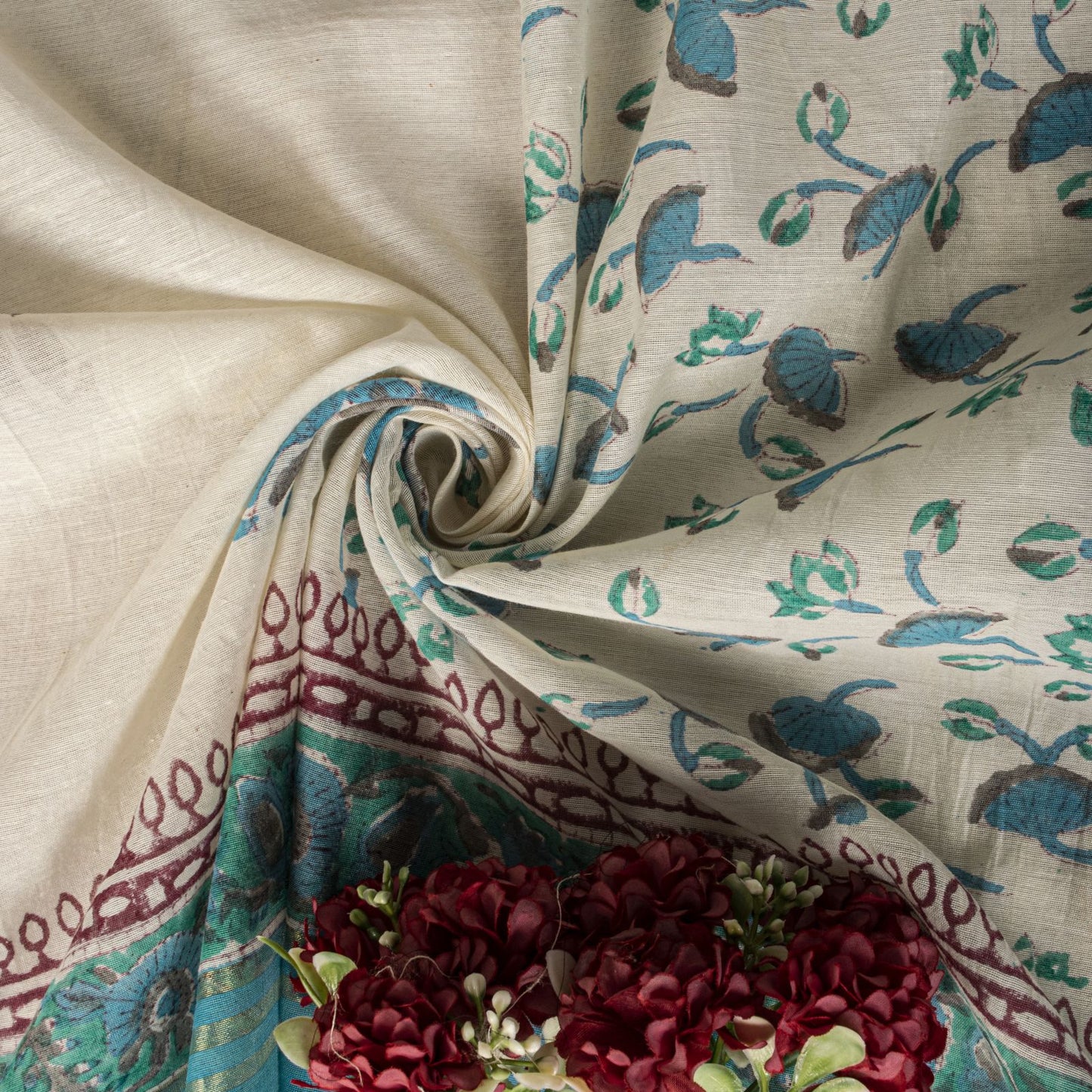 Sanskriti Vintage Chanderi Dupatta/Stole White Blend Cotton Sanganeri Hand Block