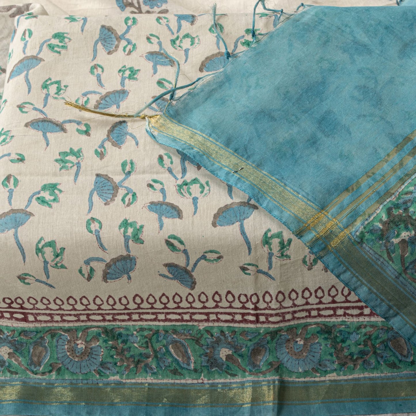 Sanskriti Vintage Chanderi Dupatta/Stole White Blend Cotton Sanganeri Hand Block