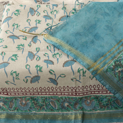 Sanskriti Vintage Chanderi Dupatta/Stole White Blend Cotton Sanganeri Hand Block