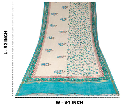 Sanskriti Vintage Chanderi Dupatta/Stole White Blend Cotton Sanganeri Hand Block
