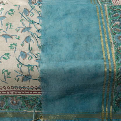 Sanskriti Vintage Chanderi Dupatta/Stole White Blend Cotton Sanganeri Hand Block