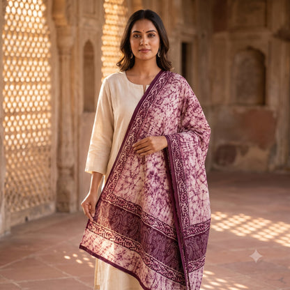 Sanskriti Vintage Dupatta/Stole Wine Pure Cotton Batik Work Abstract Indian Veil