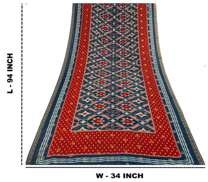 Sanskriti Vintage Dupatta/Stole Blue-Red Cotton Silk Ikat Print-Woven Soft Veil