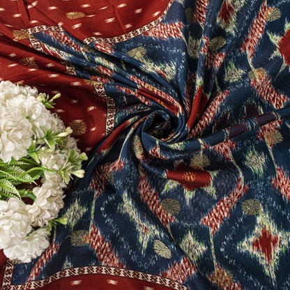 Sanskriti Vintage Dupatta/Stole Blue-Red Cotton Silk Ikat Print-Woven Soft Veil
