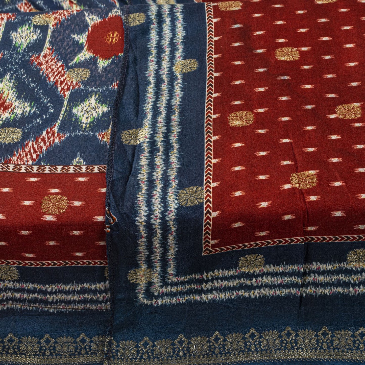 Sanskriti Vintage Dupatta/Stole Blue-Red Cotton Silk Ikat Print-Woven Soft Veil